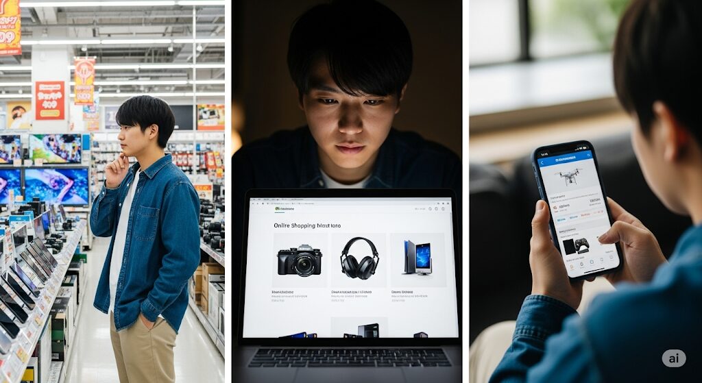 ネットで買わない方がいい家電の種類を考慮しつつ、家電量販店、ネットショップ、価格比較サイトなど、最適な購入先を検討する日本人。