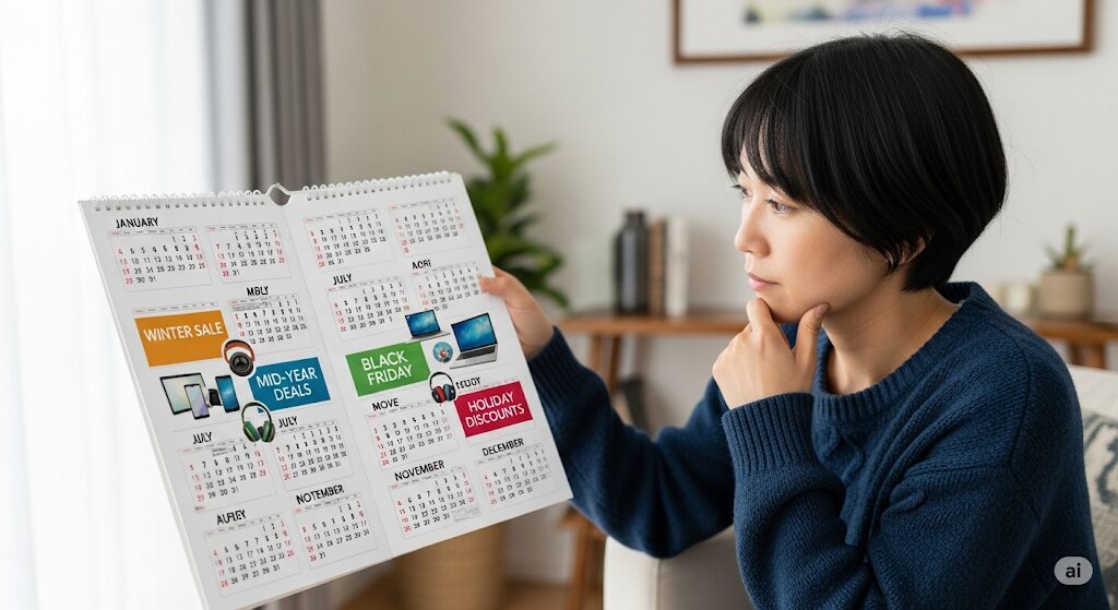 賢く家電を購入するため、決算セールやボーナス商戦など家電が安くなる時期をカレンダーで確認する日本人。