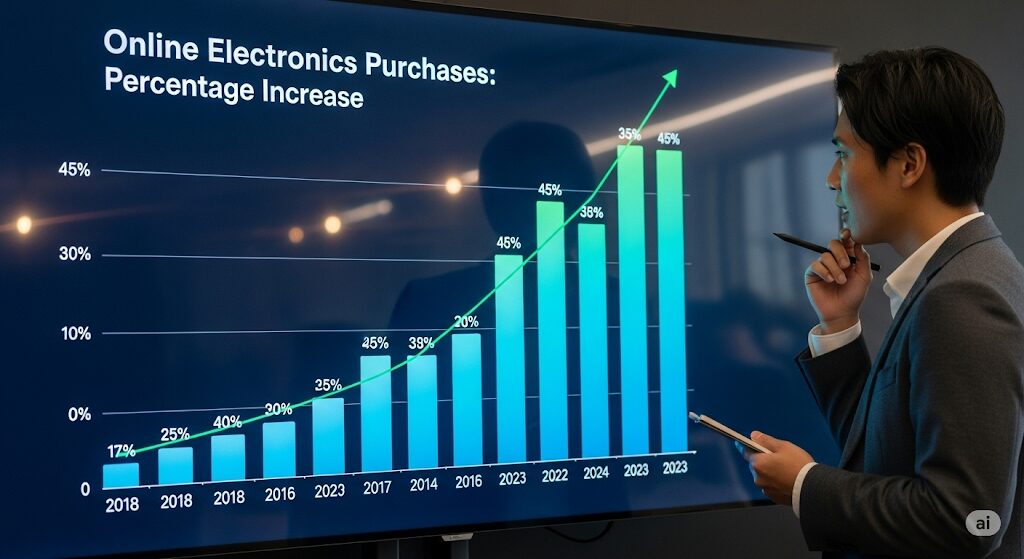 家電のネット購入の割合を示すグラフを見つめる日本人。ネットで買わない方がいい家電の知識も重要であることを示唆。