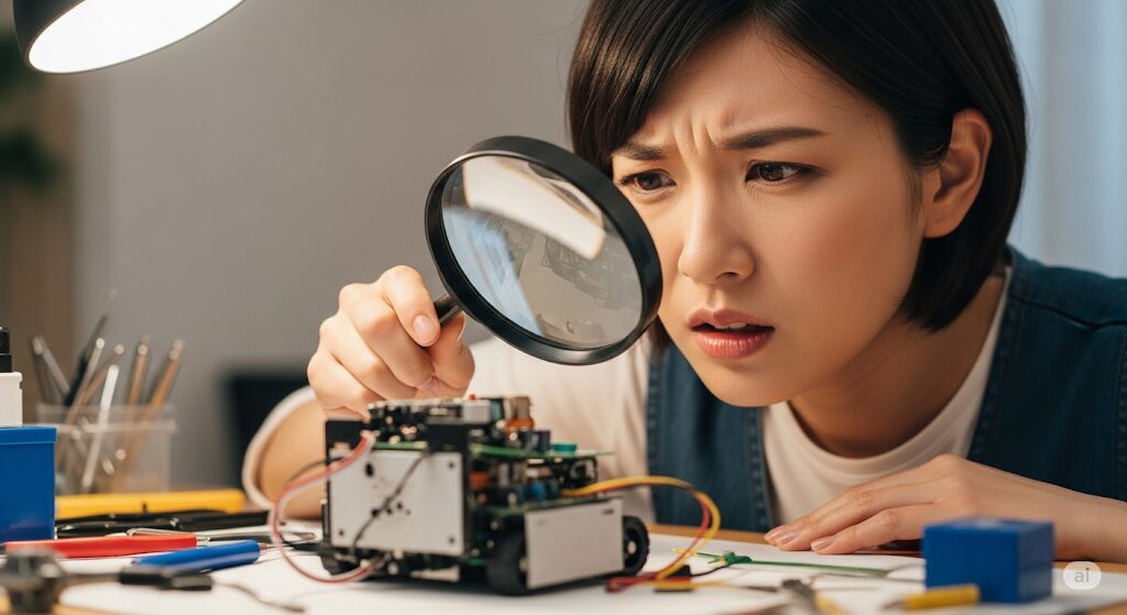 小さな家電製品をルーペで熱心に確認する日本人女性。ネット購入で実物確認ができない家電の危険性を表す。