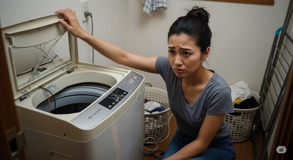 故障した洗濯機を見て残念そうな表情を浮かべる日本人女性。ネットで購入した家電の初期不良のリスクと不安。