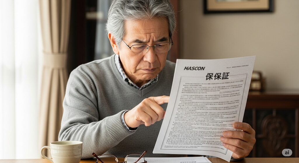 家電製品の保証書を真剣に読む日本人男性。ネットで家電を買う際の保証内容の確認の重要性。