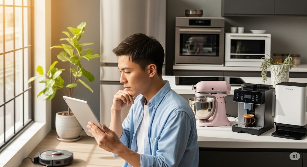 家電の購入を検討中の日本人男性がタブレットを見つめている画像。ネットで買わない方がいい家電の賢い選び方を考察しています。
