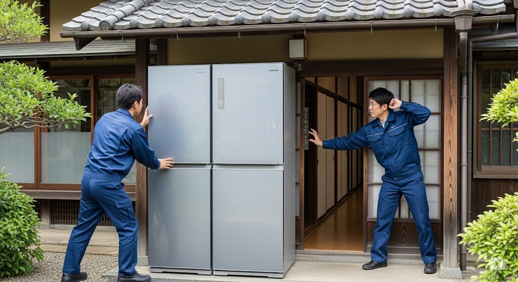 冷蔵庫の搬入が困難で困っている配送員の日本人男性たち。大型家電をネットで買わない方がいい家電の代表例として、搬入の難しさを示唆しています。