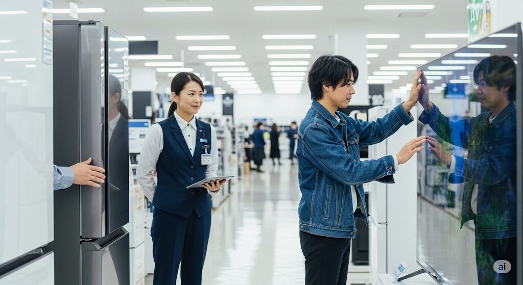 家電量販店でテレビを触って確認する日本人男性と女性店員。ネットで買わない方がいい家電を実店舗で確認することの重要性を表現しています。