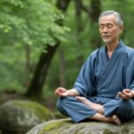 「亀仙人はなぜ長生き」を連想させる、穏やかな自然の中で瞑想する長寿の日本人男性。精神的な調和と健康の象徴。
