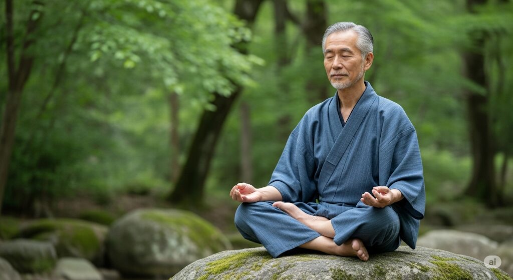 「亀仙人はなぜ長生き」を連想させる、穏やかな自然の中で瞑想する長寿の日本人男性。精神的な調和と健康の象徴。