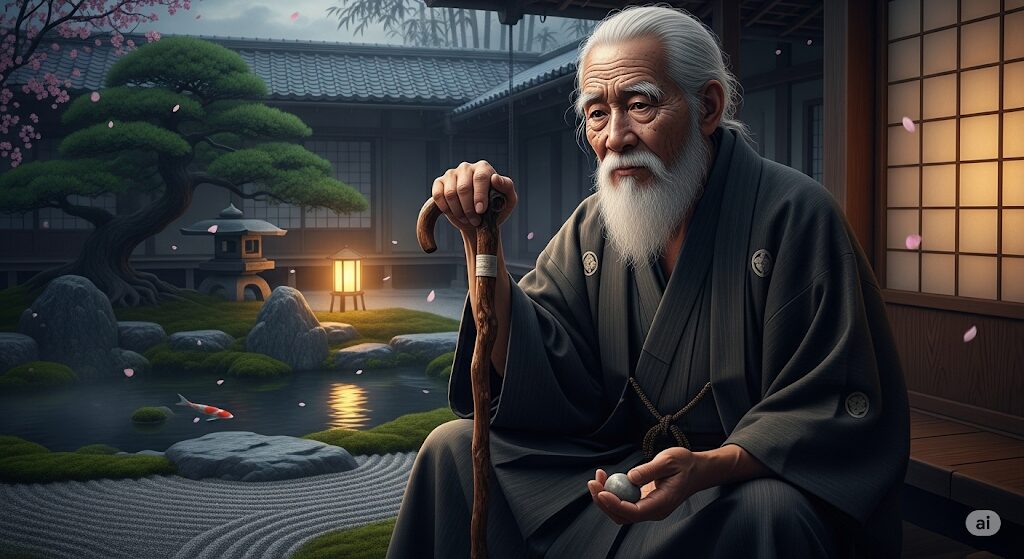 亀仙人はなぜ長生き?その長寿の秘密を思索する、伝統的な日本庭園で杖を手に座る白髭の賢い日本人男性。時の流れを感じさせる表情。