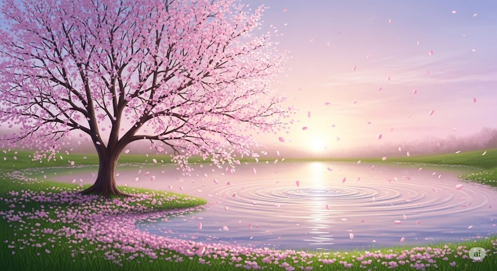 桜が舞う水辺の情景。亀仙人はなぜ長生きなのか、その生と死のサイクルを美しく示唆する風景。