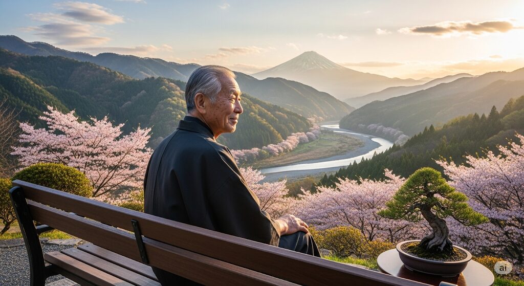 亀仙人はなぜ長生きなのか?長寿と知恵を象徴する日本の老人が、庭園で瞑想する姿