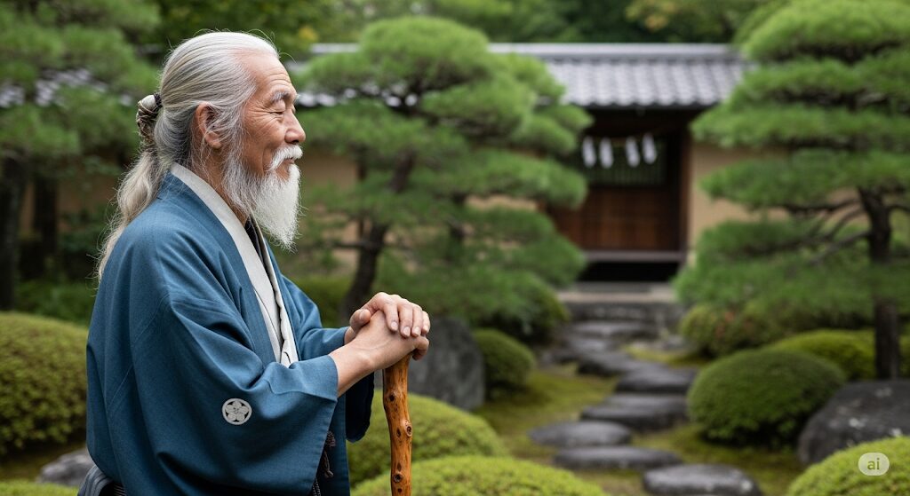 富士を望む場所でたたずむ老人の後ろ姿。亀仙人のような賢者が遺した教えと、なぜ長生きなのかを物語るかのような深遠な景色。