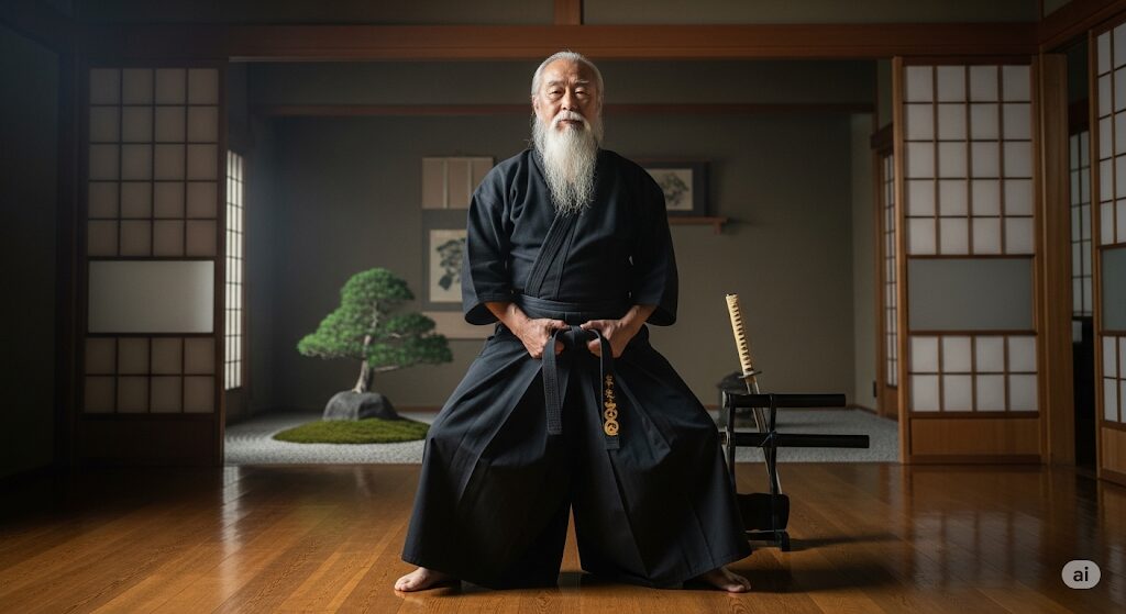 亀仙人はなぜ長生き?武天老師としての強さと尊厳を示す、日本の道場で武道の姿勢を取る白髭の達人。神のような武術の深み。