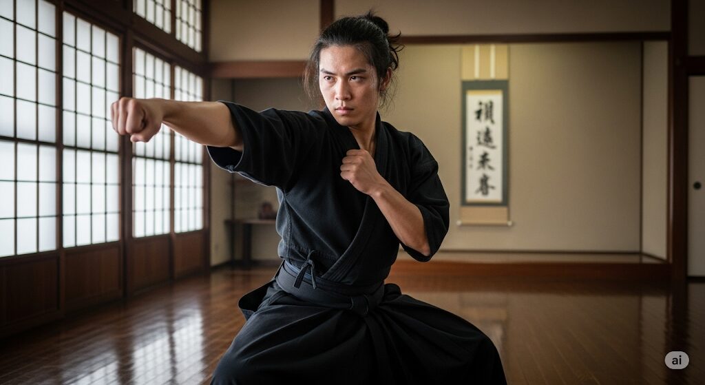 亀仙人はなぜ長生き?若き日の姿。日本の道場で真剣な表情で武術を練習する、力強い若き日本人男性。若々しい集中力と才能。