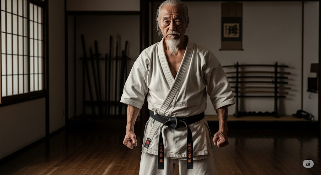 亀仙人はなぜ長生き?かっこいいと称される瞬間。日本の道場で決意に満ちた表情を見せるベテランの日本人武道家。勇気と知恵が光る。