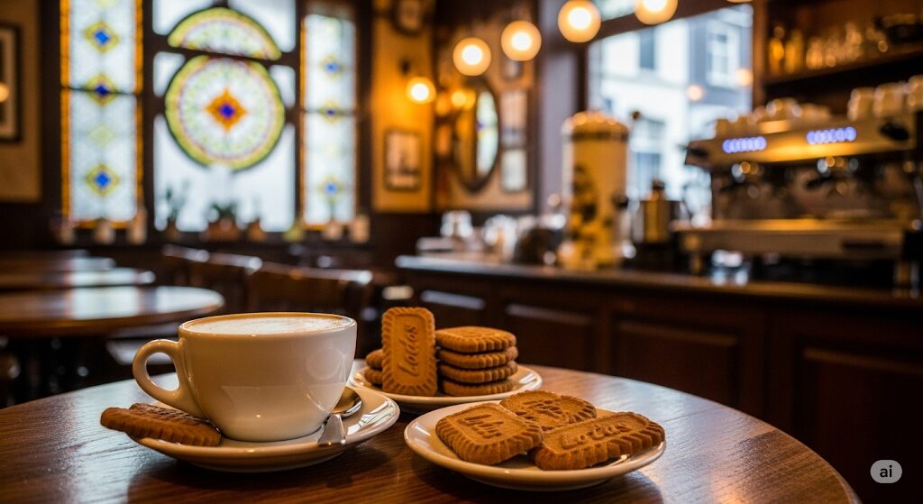 ベルギーのカフェでコーヒーと共に提供されるロータスクッキー。どこの国のお菓子か、そのルーツとコーヒーとの相性を示す画像。