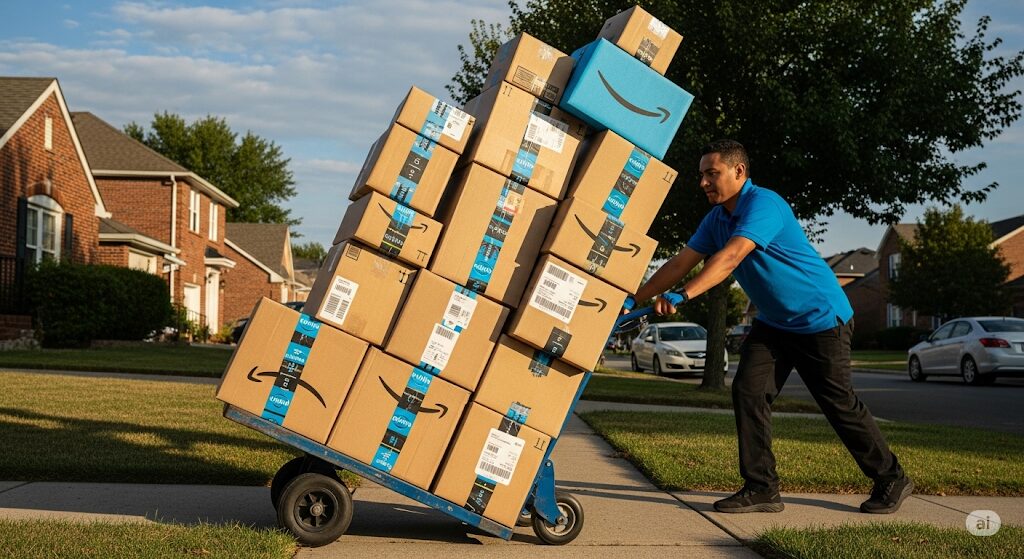 Amazonのダンボール箱が山積みになった配達カートを運ぶ配達員。ロータスクッキーをAmazonで購入する様子。