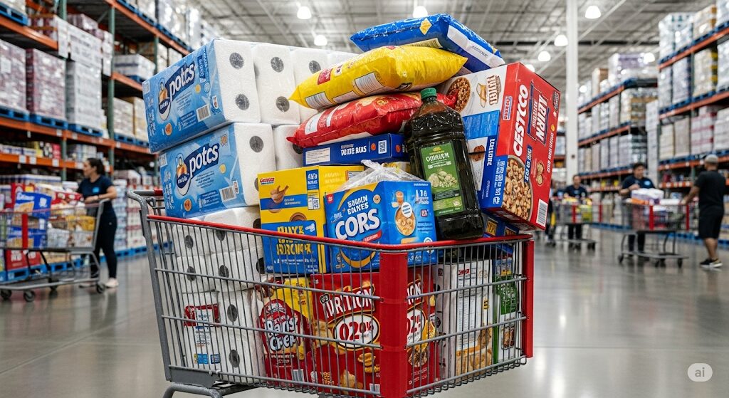 コストコのカートに大容量パックの商品が積まれている様子。ロータスクッキーのコストコでの購入を検討。