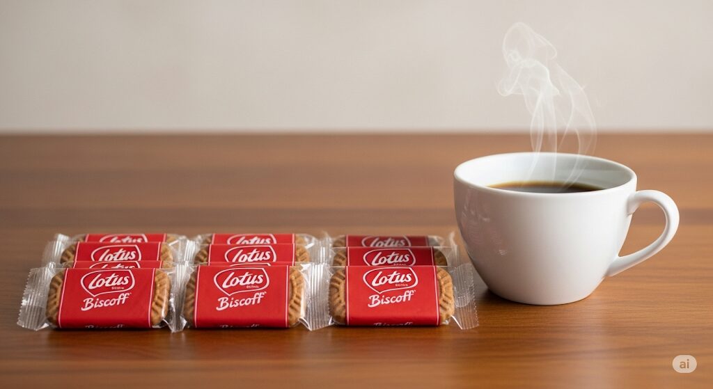個別包装のロータスクッキーと温かいコーヒー。どこで買えるか探している方に、手軽に楽しめる個包装のロータスクッキーの魅力と、コーヒーとの相性の良さを伝える画像です。