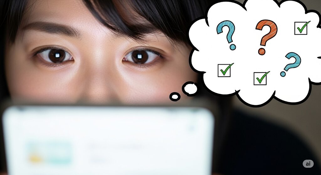 スマートフォンを覗き込む日本人と疑問符が浮かぶ吹き出しの画像。ロータスクッキーをどこで買えるか、またよくある疑問や質問への回答を探している人が、疑問を解決する様子を表現しています。