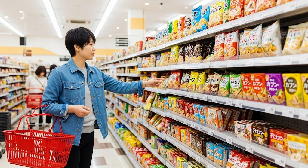 日本のスーパーマーケットのお菓子売り場で買い物をする日本人。ロータスクッキーがどこで買えるか、スーパーでの探し方を示す。