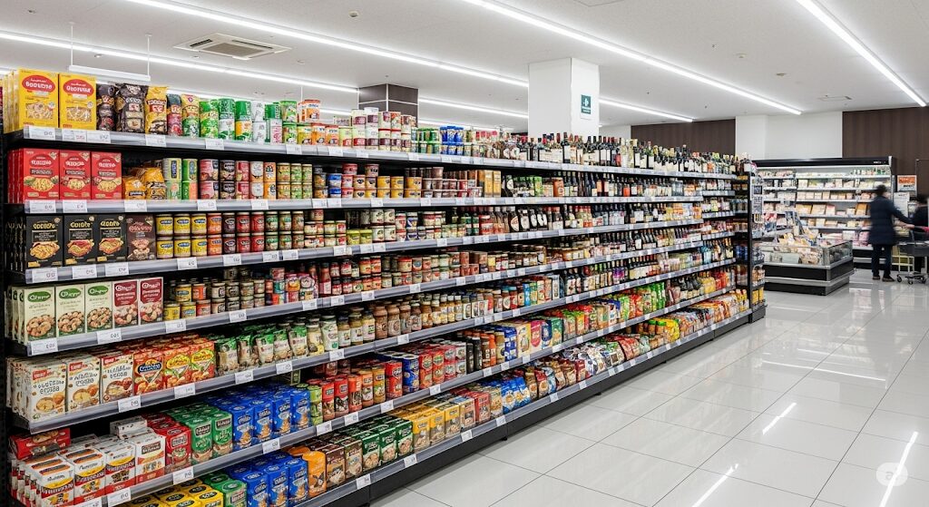 カルディコーヒーファームのような輸入食品専門店で商品を選ぶ日本人。ロータスクッキーをどこで買えるか、カルディの豊富な品揃え。