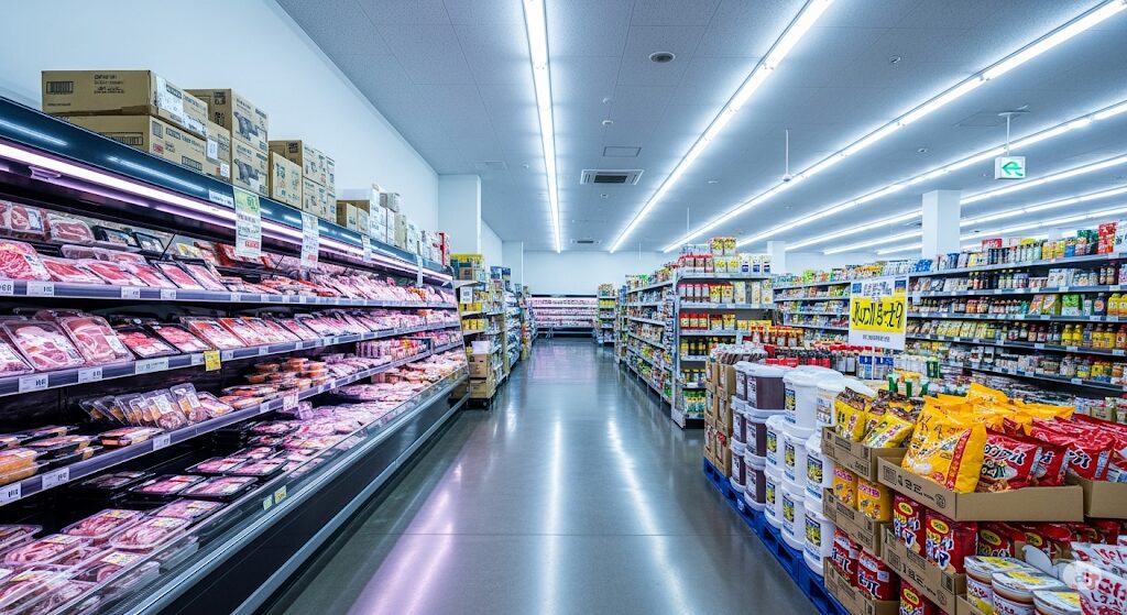 業務スーパーの店内の広々とした様子。ロータスクッキーがどこで買えるか、業務スーパーでの購入可能性と探し方。