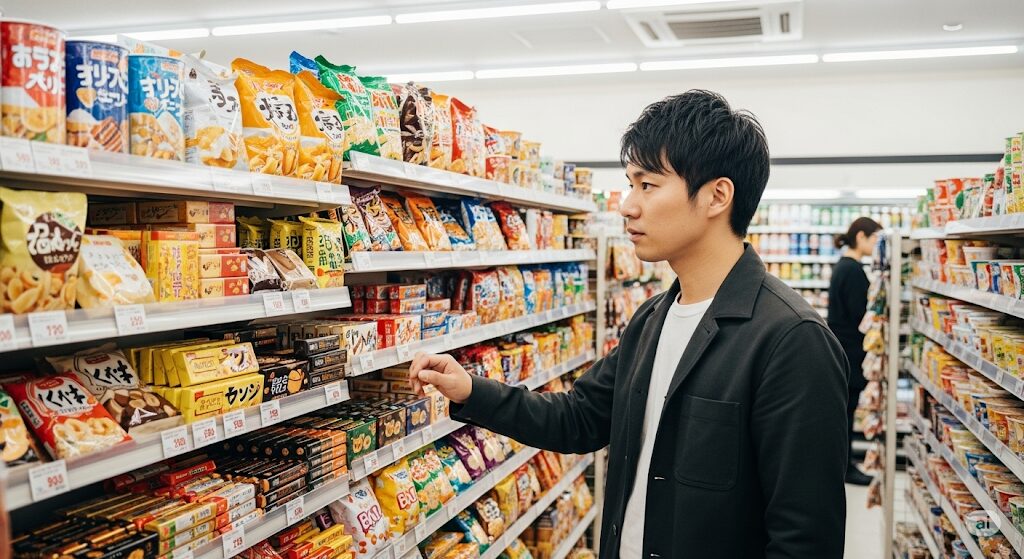 日本のコンビニでスナック菓子を選ぶ男性。ロータスクッキーはどこで買えるか、コンビニでの購入場所を探す様子。