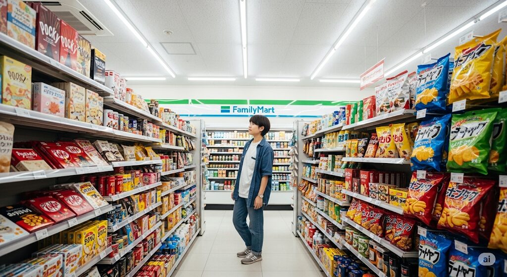 ファミリーマートの店内でお菓子棚を見ている日本の若者。ロータスクッキーがファミマで買えるかを確認。