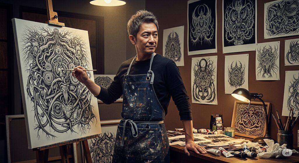 繊細で緻密なタッチの作品を手掛ける日本人漫画家の姿。ライチ光クラブの作者である古屋兎丸先生の創作意欲を感じさせる、芸術的なアトリエの様子です。