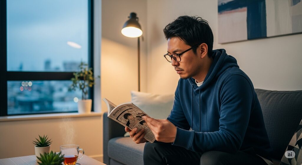 「ライチ光クラブの漫画はどこで読める?」と考えている日本人読者。作品の世界観に没入する読書風景。