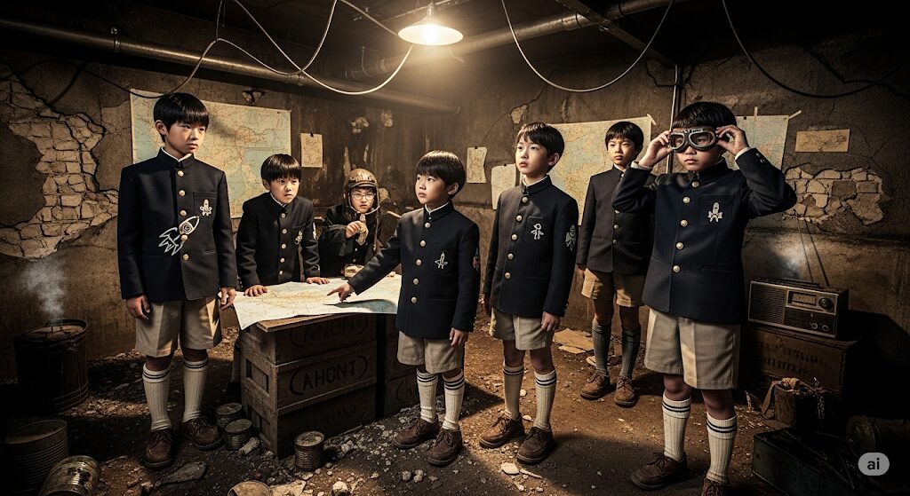 秘密基地に集う制服姿の少年たちが、何かを企むような真剣な表情を浮かべる様子。ライチ光クラブの漫画で描かれる少年たちの歪んだ純粋さと狂気を象徴するシーンです。