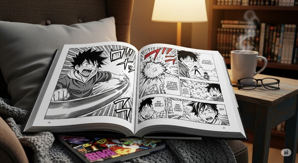 暖かな照明の下で開かれた漫画の単行本。ライチ光クラブの漫画を読む際に、各巻のあらすじや見どころをじっくりと楽しむ読書体験を表しています。