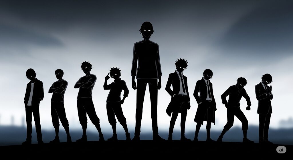個性豊かな9人の少年たちのシルエット。ライチ光クラブの漫画に登場する主要キャラクターたちの強い個性が、読者から高い人気を集めていることを示唆しています。