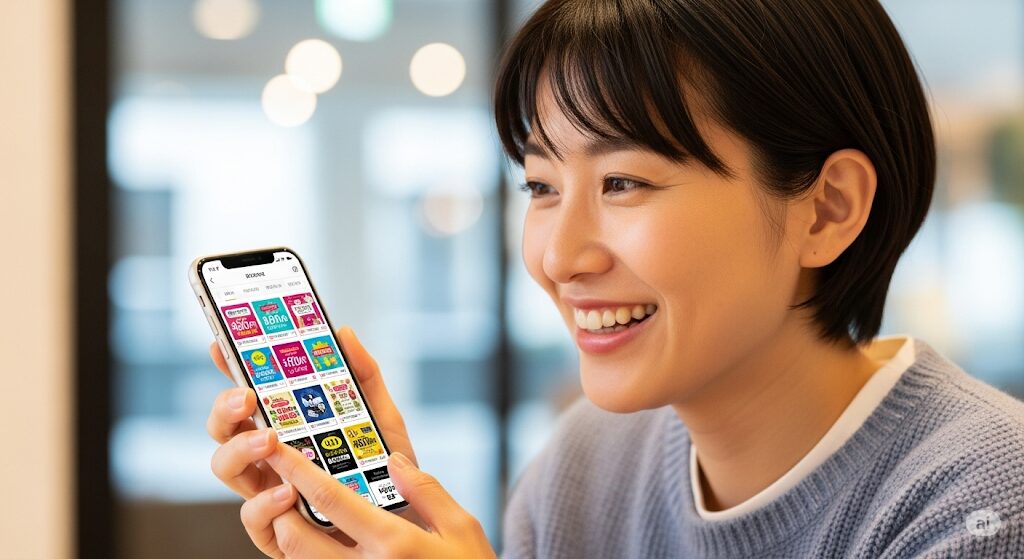 「ライチ光クラブの漫画はどこで読める」か探している人が、お得な初回登録クーポンやキャンペーンを見つけて喜ぶ日本人女性の画像。