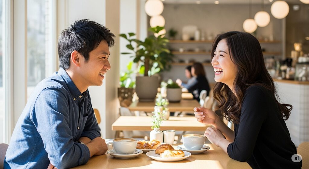 マッチングアプリの初デートでカフェを訪れた楽しそうな男女。場所選びの重要性が伝わる一枚。