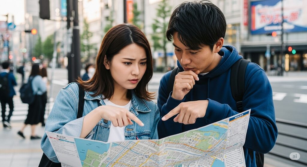 マッチングアプリの初デート場所を地図を見ながら一緒に決める若いカップル。失敗しない決め方をイメージさせる。