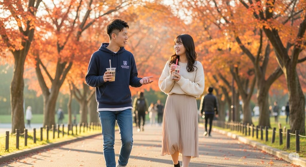 大学生の初デートにおすすめの場所、公園。ドリンクを片手に紅葉が綺麗な並木道を散策する若いカップル。