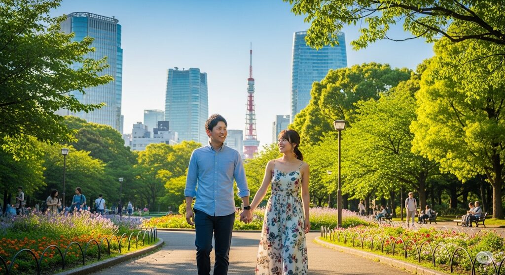 東京でのマッチングアプリ初デート。高層ビルが見える都心の公園を手をつないで散歩するカップル。