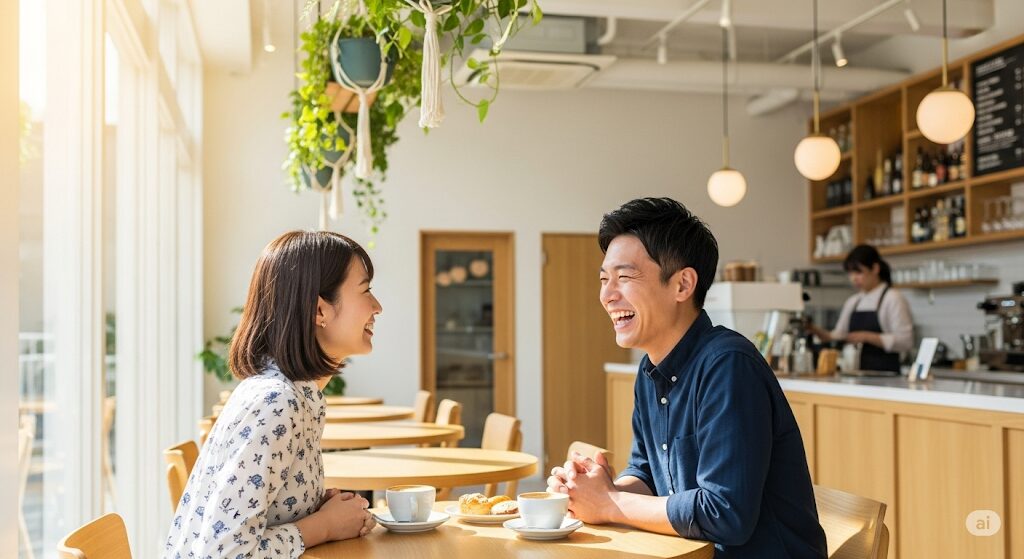マッチングアプリの初デートにおすすめの場所、カフェで楽しそうに会話する男女。場所選びの成功例。