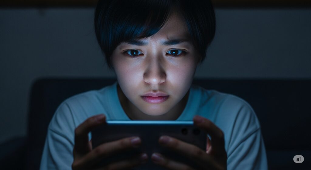 マッチングアプリの初デートの場所について、スマホで検索して悩んでいる女性。多くの人が抱える不安を表現。
