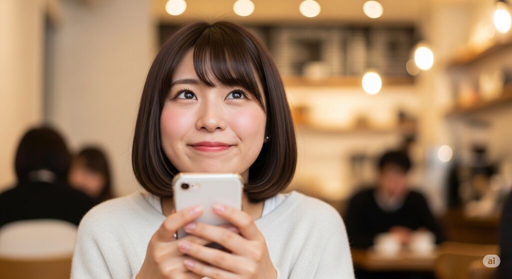 初デートで行きたい場所を聞かれ、スマホを見ながら嬉しそうに考えている女性。好印象な答え方をイメージ。