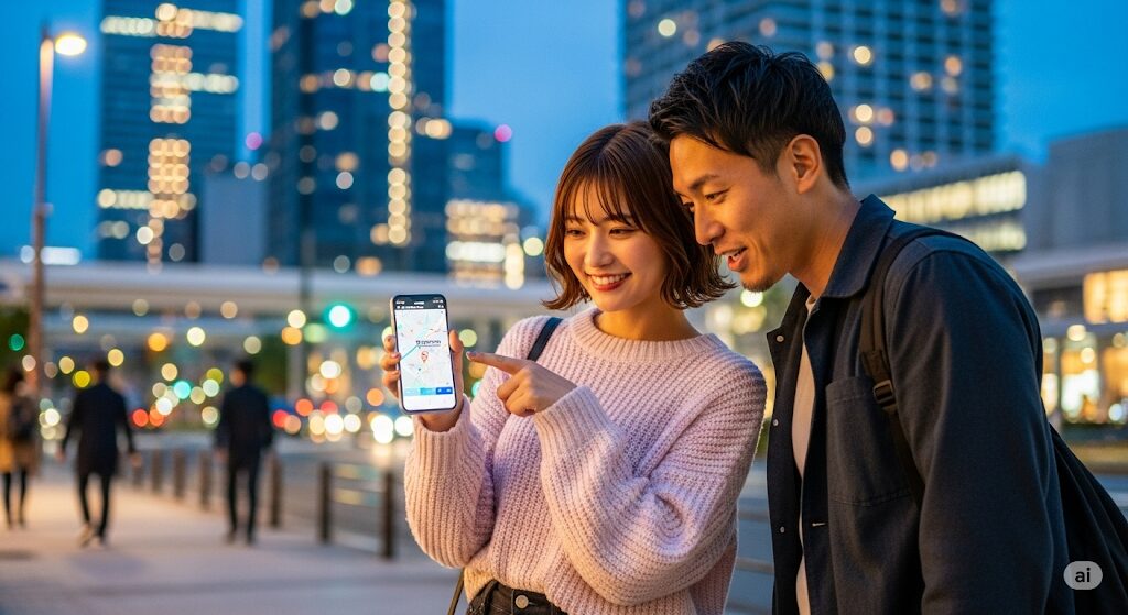 女性からスマホの地図を見せて初デートの場所を提案するシーン。男性も嬉しそうな表情で受け入れている。
