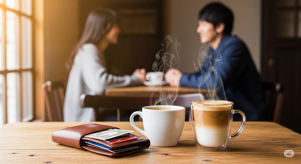 カフェのテーブルに置かれたコーヒーと財布。マッチングアプリ初デートの場所選びで重要な予算感をイメージ。