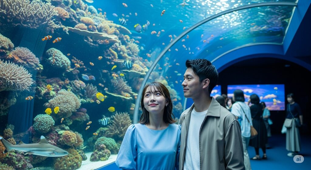 マッチングアプリで出会った男女の初デート。おすすめの場所である水族館で、楽しそうに魚を眺めるカップル。