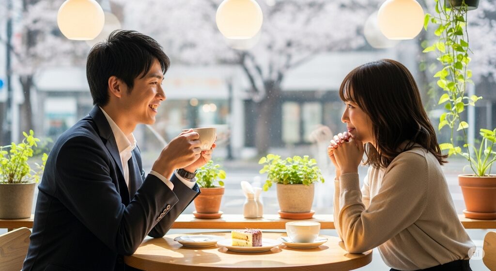 マッチングアプリ初デートの場所として無難なカフェ。おしゃれな店内でコーヒーを飲みながら会話を楽しむ男女。