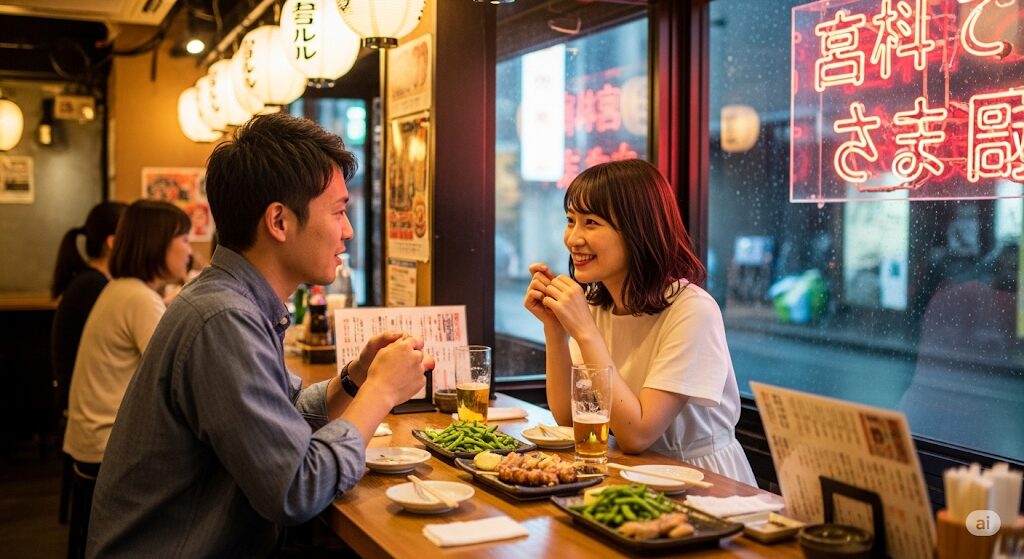 仕事帰りにマッチングアプリで初デート。夜でも安心な、賑やかな雰囲気のバルで食事を楽しむカップル。