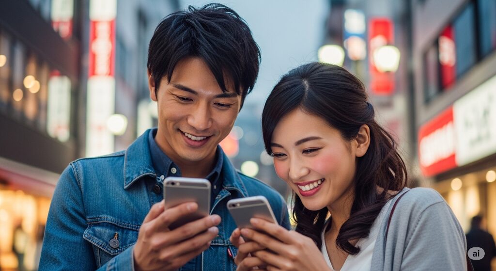 メッセージ交換で好意が伝わる、笑顔の日本人男女。マッチングアプリの脈ありサイン。
