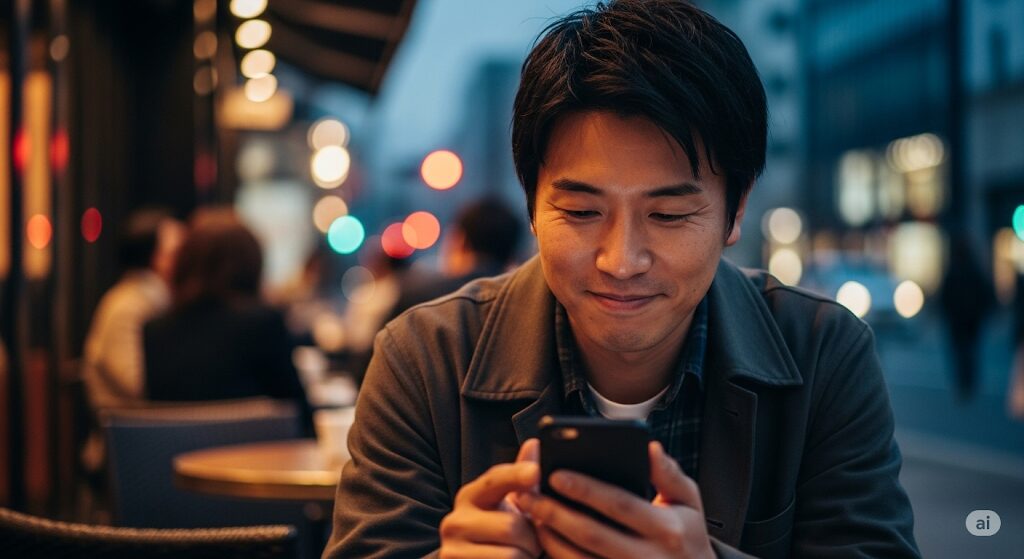 マッチングアプリの初デートが終わってすぐに連絡を取り、次のデートに誘おうとしている日本人男性。男性からの積極的な脈ありサイン。