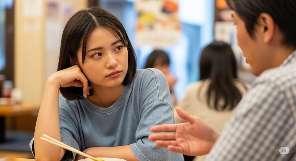 マッチングアプリのデート中、会話に興味を失い、よそ見をする女性の画像。女性が見せる脈なしサインの一例。