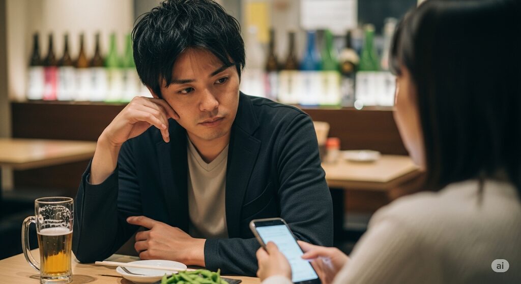 マッチングアプリのデート中にスマートフォンを操作し、相手に無関心な様子を見せる男性の画像。男性に見られる脈なしサイン。